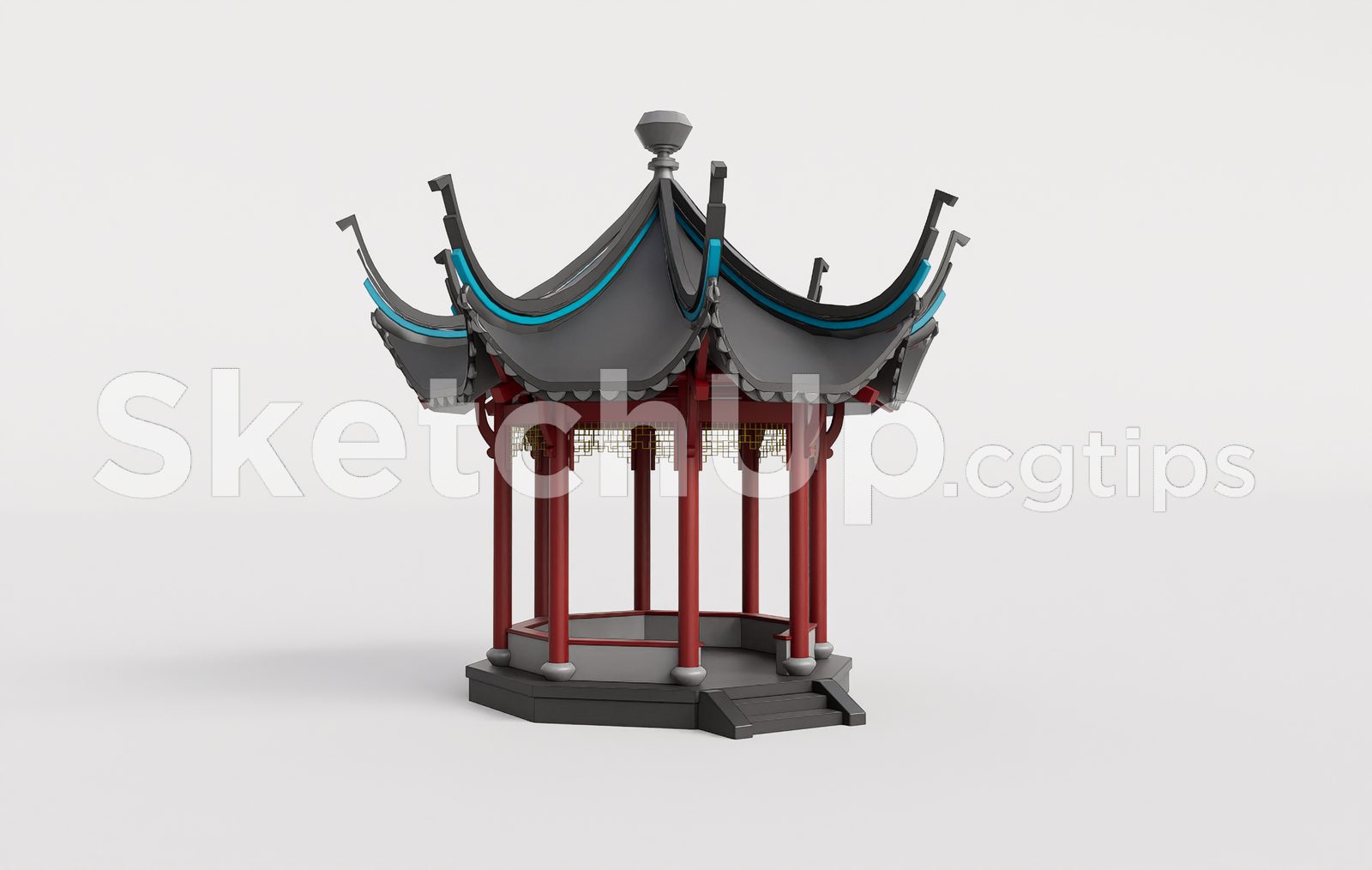 19486. Free Download Traditional Wooden Pavilion With Tiled Roof Sketchup Model