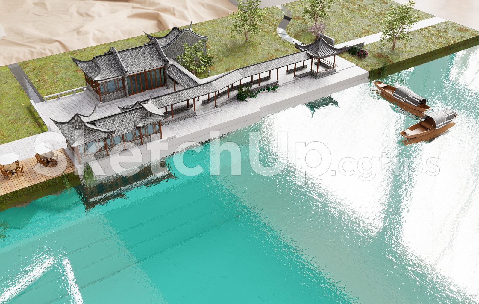 19532. Free Download Traditional Wooden Pavilion With Tiled Roof Sketchup Model