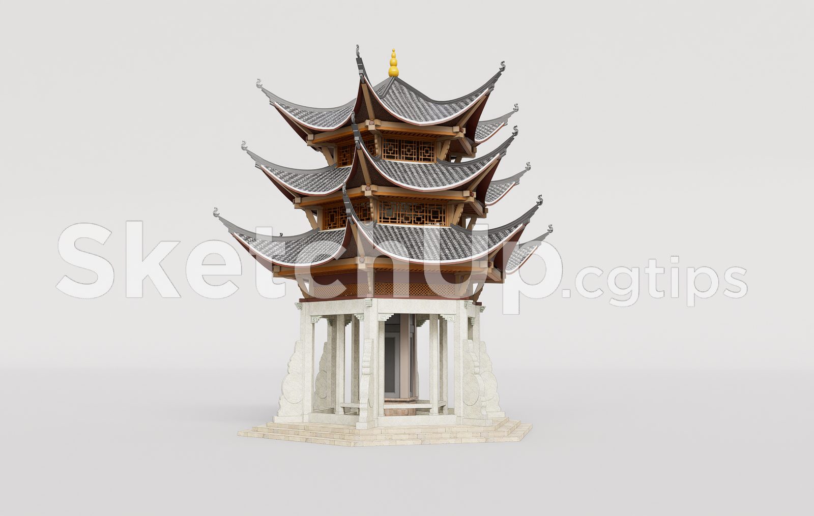 19538. Free Download Traditional Wooden Pavilion With Tiled Roof Sketchup Model
