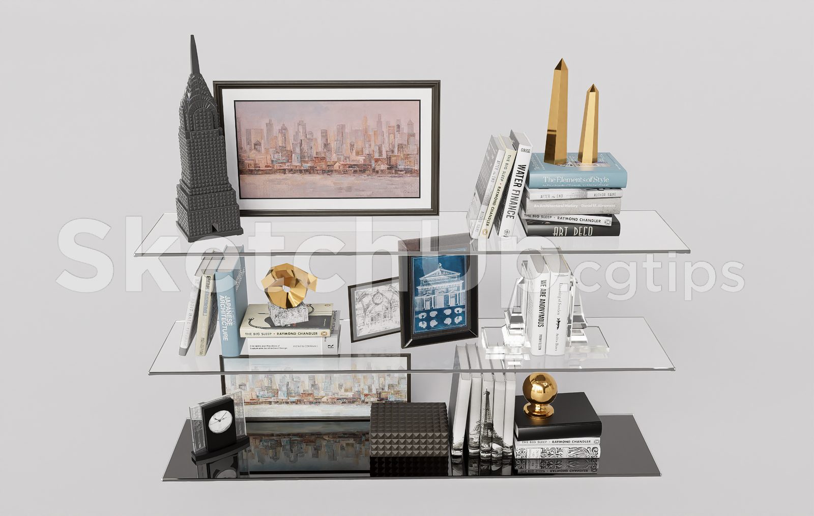 19579. Modern Decorative Wall Shelf Sketchup Model - Books, Frames & Decor Set (2)