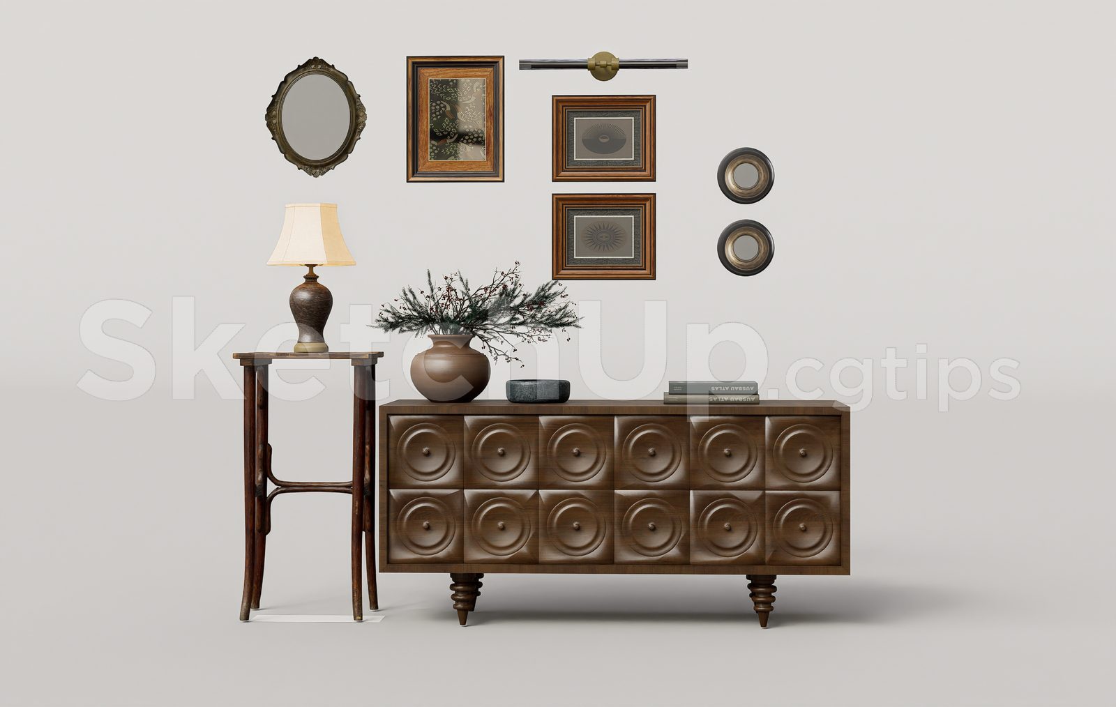 19649. Ornate Wooden Sideboard With 3d Concentric Circle Carvings Free Download (1)