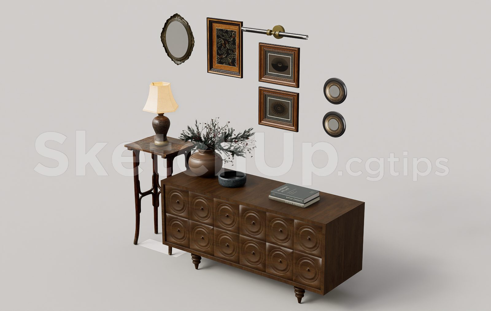 19649. Ornate Wooden Sideboard With 3d Concentric Circle Carvings Free Download (2)