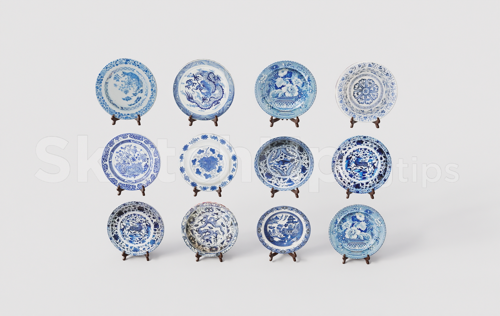 19720. Vintage Blue Ceramic Decorative Plates Set For Sketchup Free Download (1)
