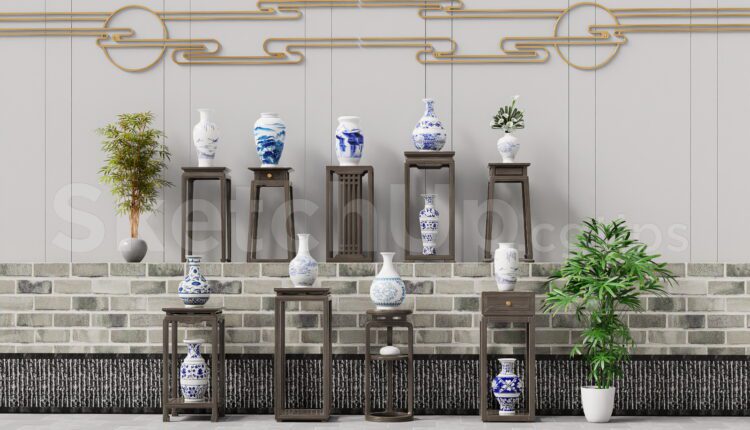 19894. Classic Asian Ceramic Vases And Wooden Stands Collection – Sketchup Model Free (1)