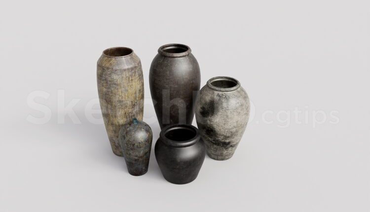 19909. Ancient Style Dark Clay Pottery And Vases 3d Sketchup Model Free (2)