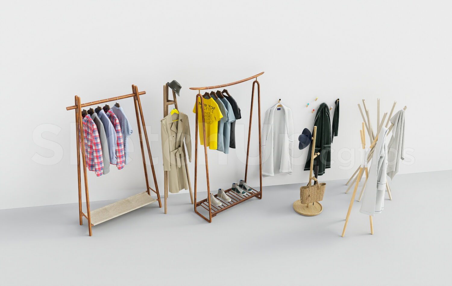 Jacket Rack Sketchup 19910. Modern Wooden Clothes Rack and Coat Stand SketchUp Model Free ...
