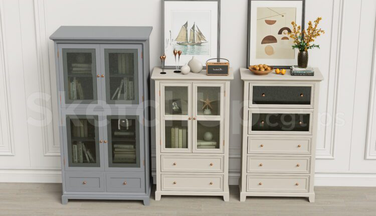 19923. Modern Classic Fluted Glass Cabinet And Drawer Set Sketchup Model Download (2)
