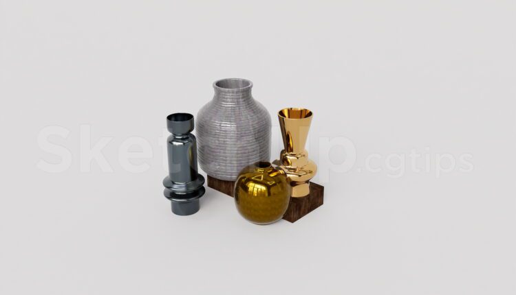 19989. Ceramic And Metallic Vase Set Sketchup Model – Modern Interior Decoration Download (1)