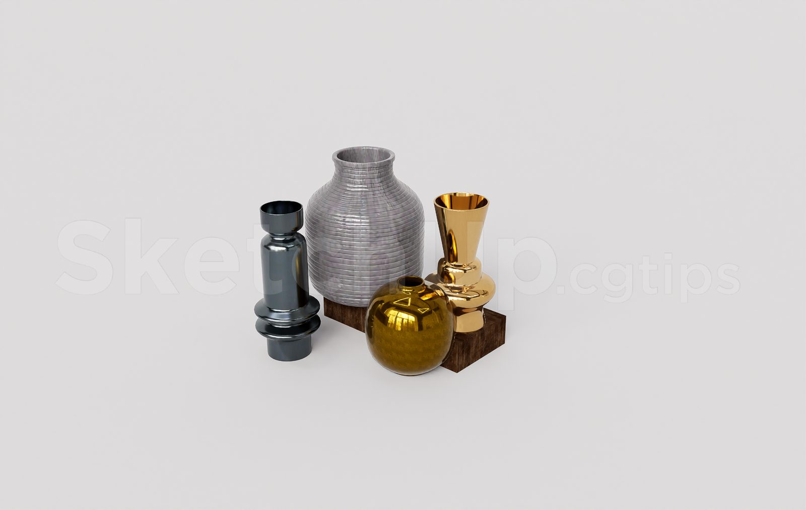 19989. Ceramic And Metallic Vase Set Sketchup Model - Modern Interior Decoration Download (1)