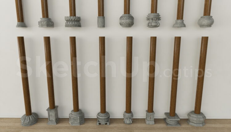 21004. Decorative Wood Columns With Carved Stone Bases Sketchup Model Free Download (1)
