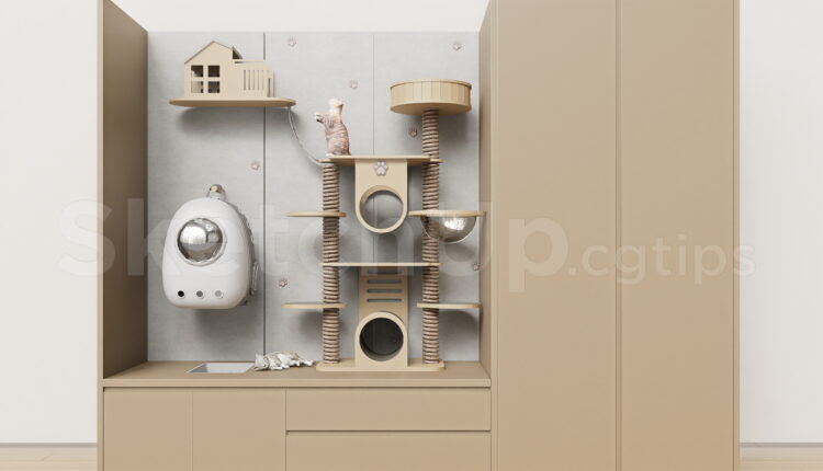 21059. Wooden Cat Tree And Wall Shelf Sketchup Model For Modern Pet Rooms Download (1)