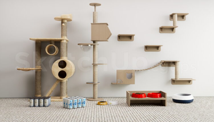 21065. Wooden Cat Tree With Wall Shelves Sketchup Model Download (1)