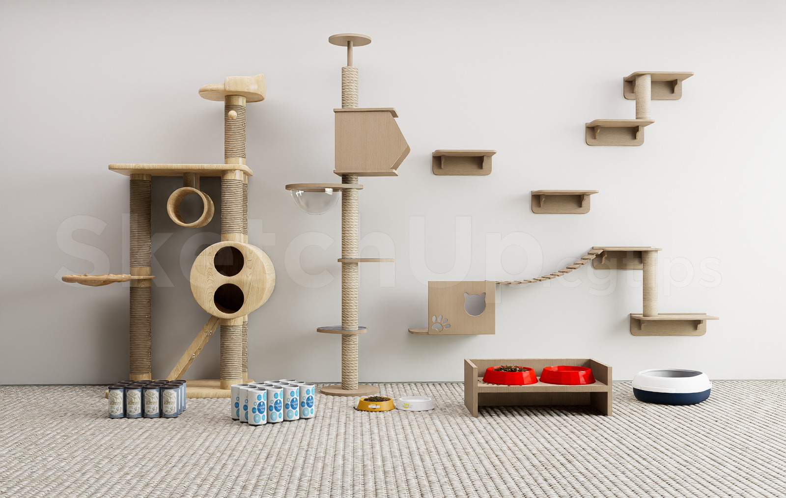 21065. Wooden Cat Tree With Wall Shelves Sketchup Model Download (1)
