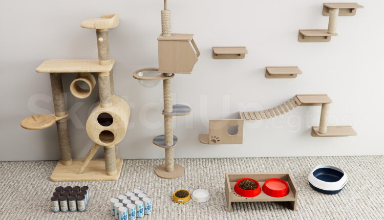 21065. Wooden Cat Tree With Wall Shelves Sketchup Model Download (2)