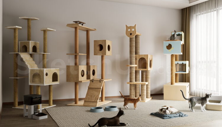 21118. Modern Wooden Cat Tree Furniture Set 3d Model Sketchup Free Download (2)
