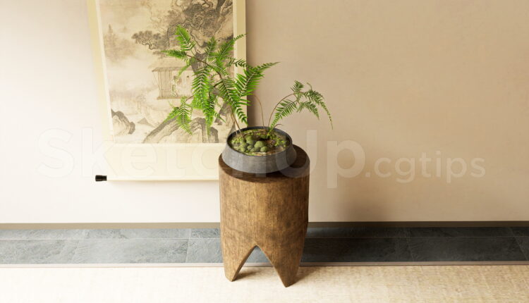 21141. Rustic Wooden Pedestal Plant Stand With Decorative Pot – Sketchup 3d Model Download (2)