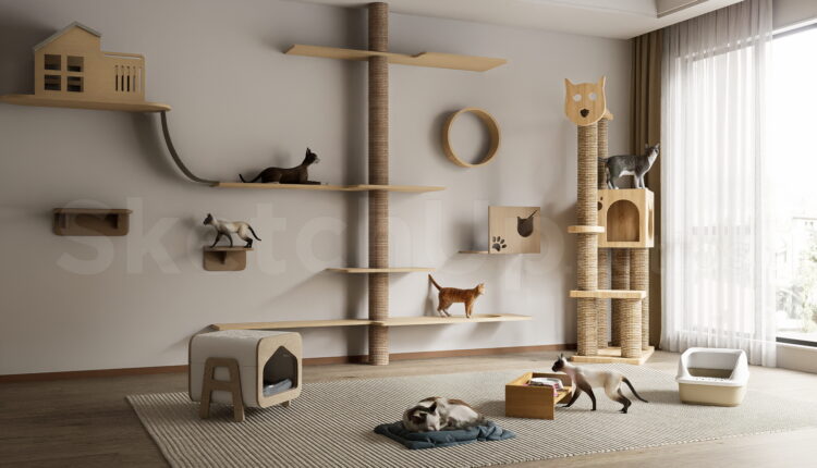 21149. Modern Wooden Cat Wall Shelves And Playground Set Free Download (2)