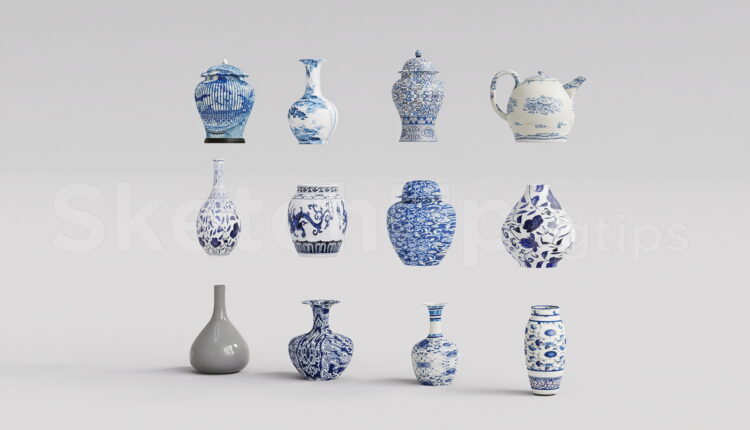 21199. Blue And White Chinese Porcelain Vase Collection Sketchup Model Download (1)