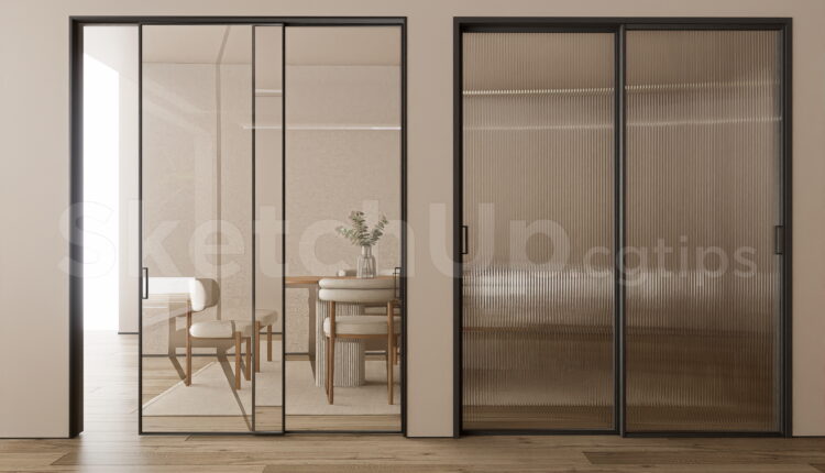21255. Modern Sliding Glass Door And Fluted Glass Partition Interior Sketchup Model Download (1)