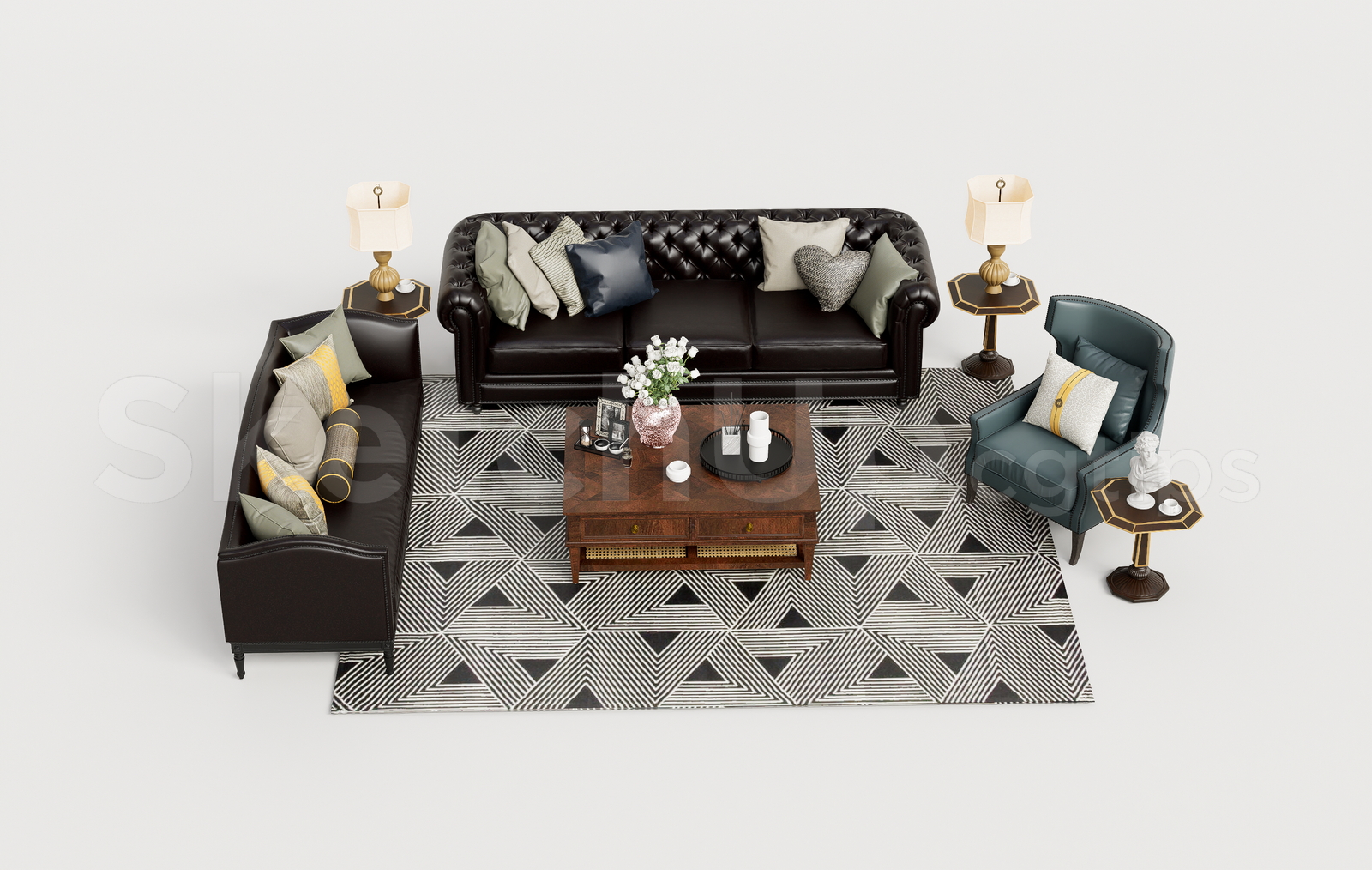 21259. Neoclassical Leather Sofa Set With Armchair And Coffee Table 3d Model Download (1)