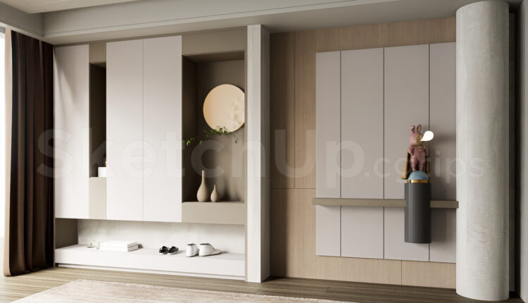 21275. Contemporary Foyer Shoe Cabinet And Accent Wall Sketchup 3d Model Download (2)