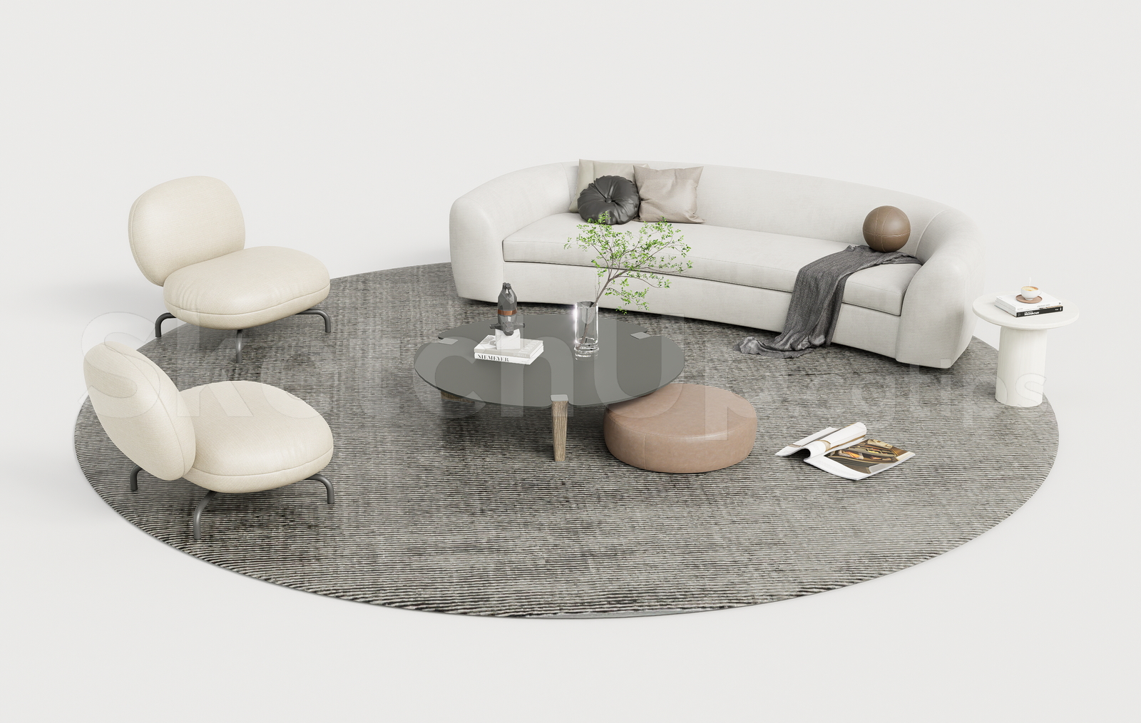 21276. Modern Curved Sofa Living Room Furniture Set Sketchup Model Download (2)