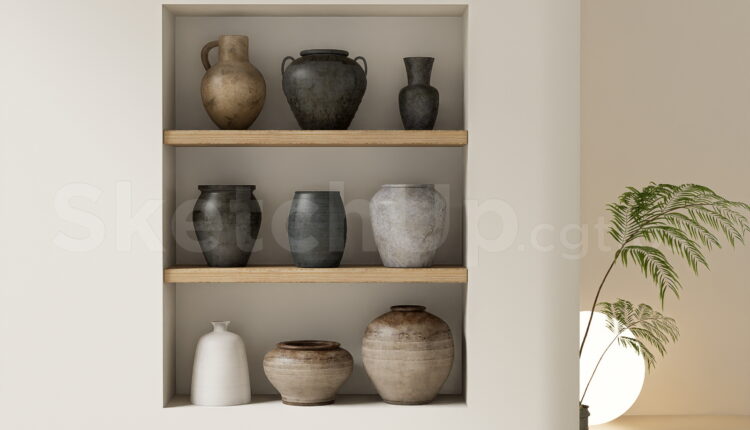 21279. Modern Ceramic And Clay Vases Set On Wooden Shelves Sketchup Model Download (1)