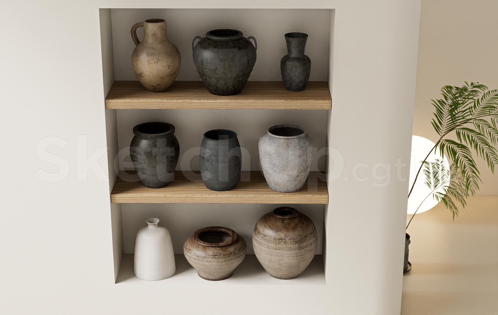 21279. Modern Ceramic And Clay Vases Set On Wooden Shelves Sketchup Model Download (2)