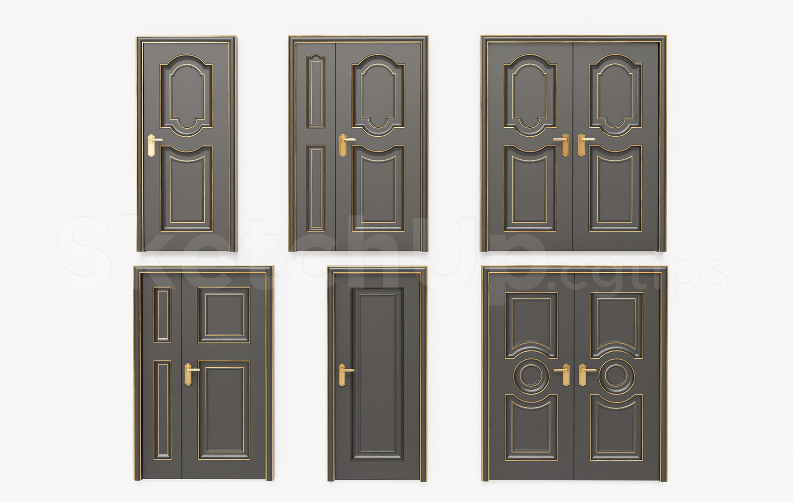 21297. Classic Grey Wooden Doors Collection With Gold Trim - 3d Sketchup Model Download (1)