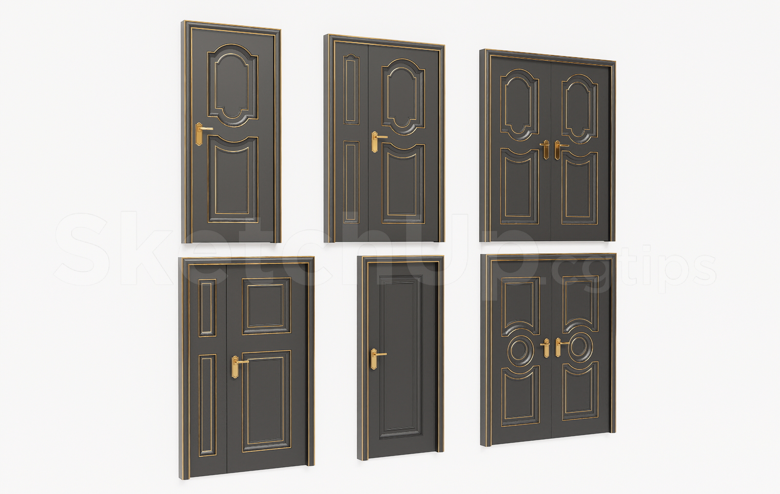 21297. Classic Grey Wooden Doors Collection With Gold Trim - 3d Sketchup Model Download (2)