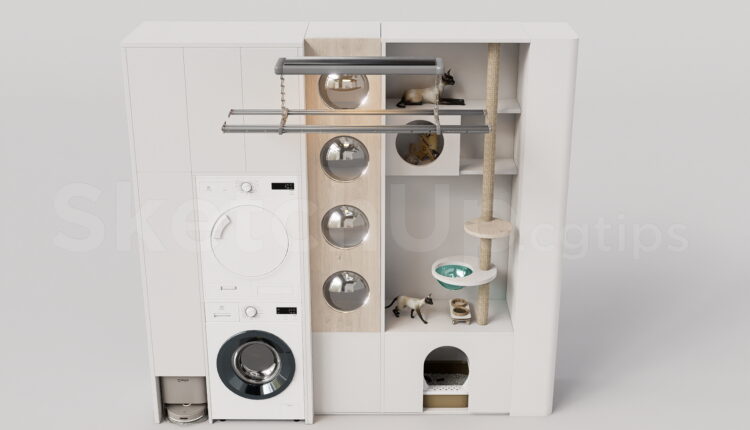 21324. Minimalist Balcony Laundry Unit And Pet Furniture Set – Free Sketchup Scene Download (2)