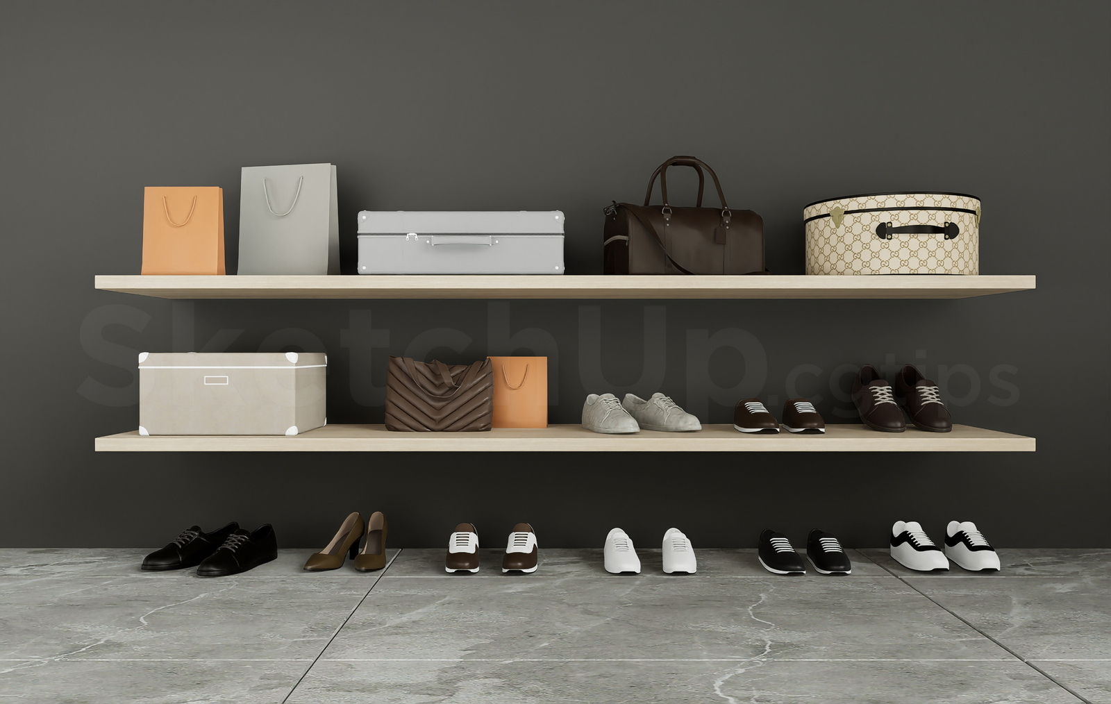 21325. Modern Walk-in Closet Floating Shelves With Bags And Shoes - Sketchup 3d Model Download (1)