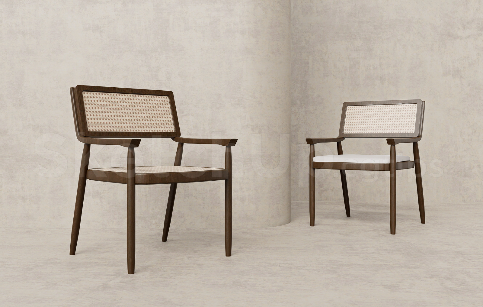 21326. Modern Wooden Armchair With Rattan Backrest - Sketchup 3d Model Download (1)