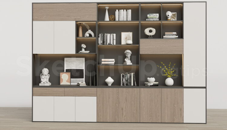 21329. Contemporary Wooden Wall Display Cabinet With Books And Decor – Sketchup 3d Asset Download (1)