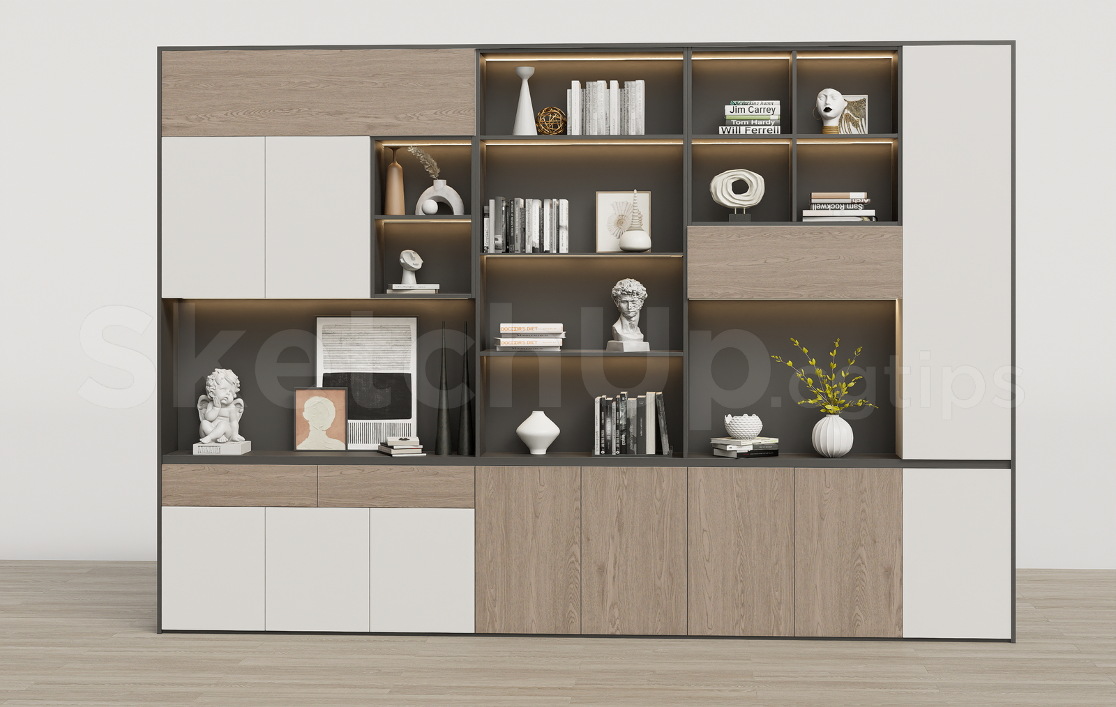 21329. Contemporary Wooden Wall Display Cabinet With Books And Decor - Sketchup 3d Asset Download (1)