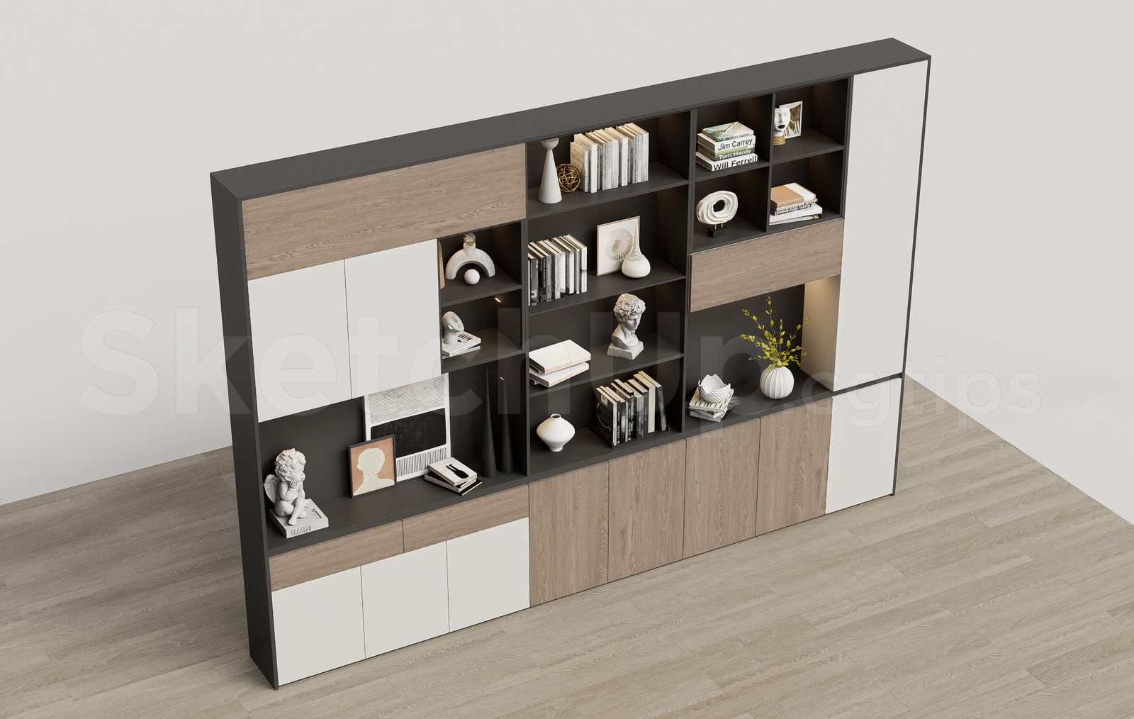 21329. Contemporary Wooden Wall Display Cabinet With Books And Decor - Sketchup 3d Asset Download (2)