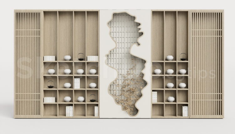 21335. Download Zen Asian Wooden Wall Display Cabinet Sketchup Model (1)
