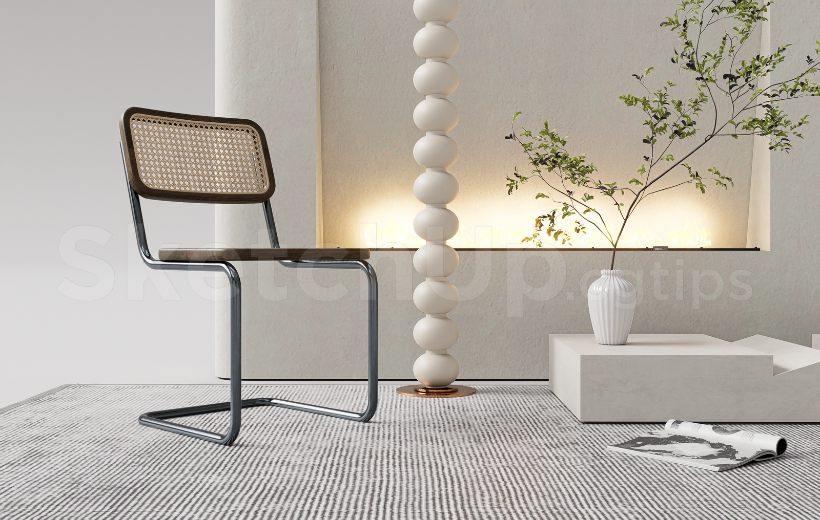 21358. Minimalist Rattan Chair And Floor Lamp Scene Sketchup Model Download (1)