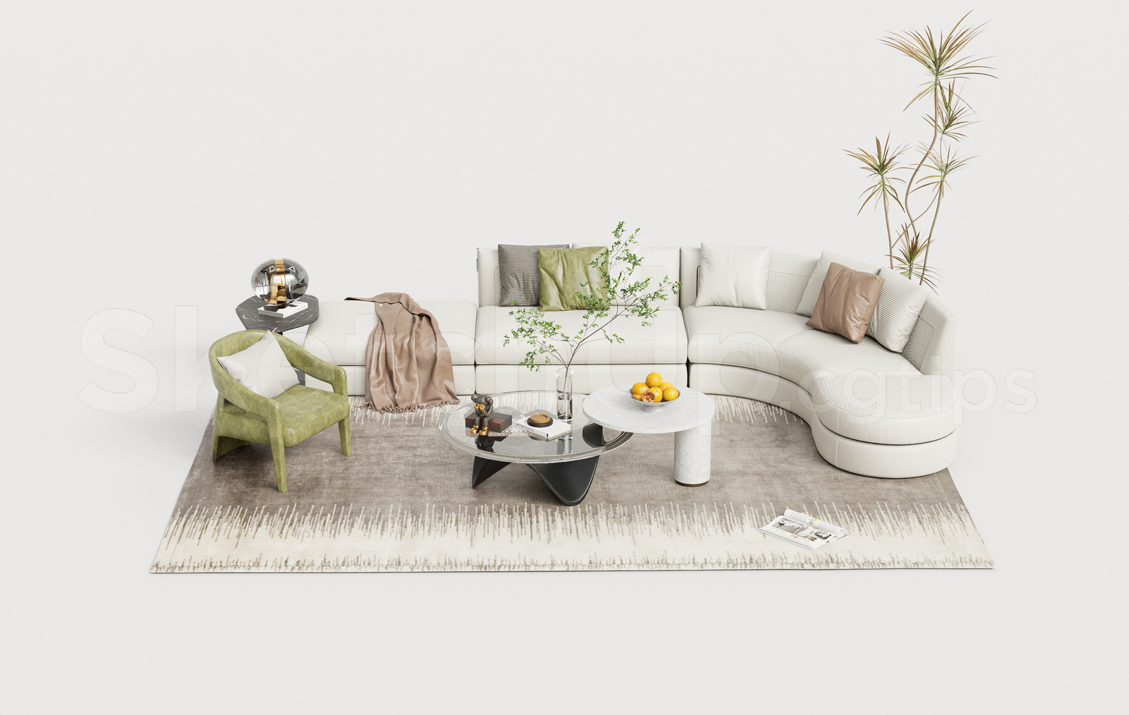 21363. Modern Living Room Sectional Sofa Set Sketchup Model Download (1)