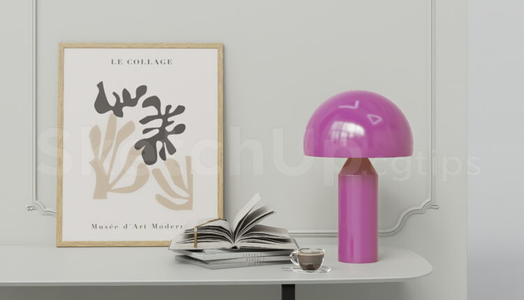 21370. Modern Purple Mushroom Table Lamp And Artwork Set Sketchup Model Download (1)