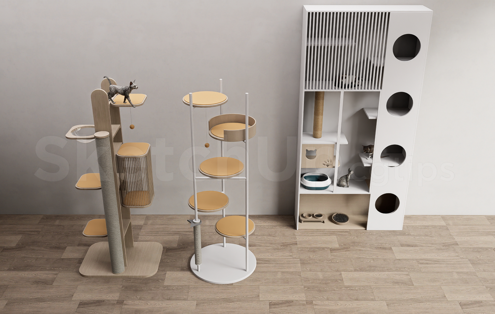 21372. Modern Wooden Cat Tree And Pet Cabinet Collection Sketchup Model Download (2)