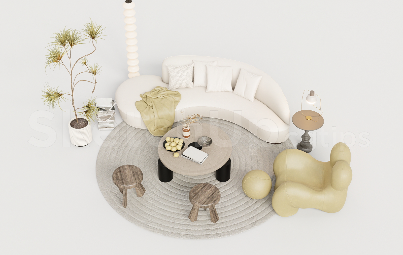 21375. Japandi Curved Curved Sectional Sofa And Coffee Table Scene Sketchup Model Download (2)