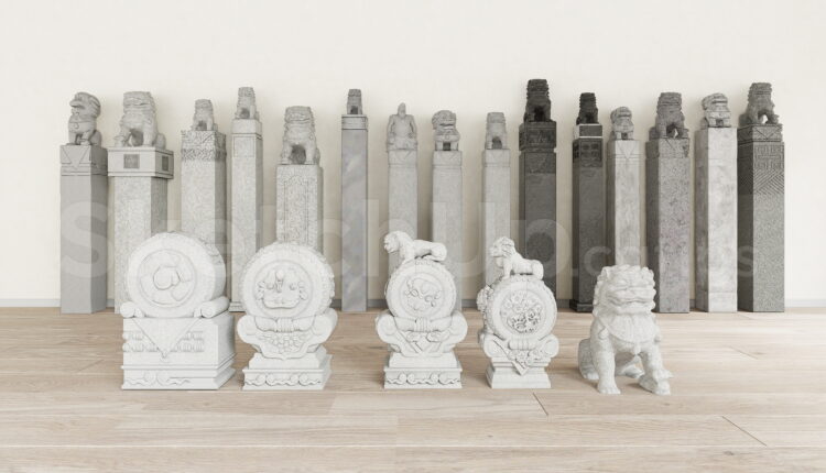 21377. Chinese Foo Dog And Stone Column Pillars Set Sketchup Model Download (1)