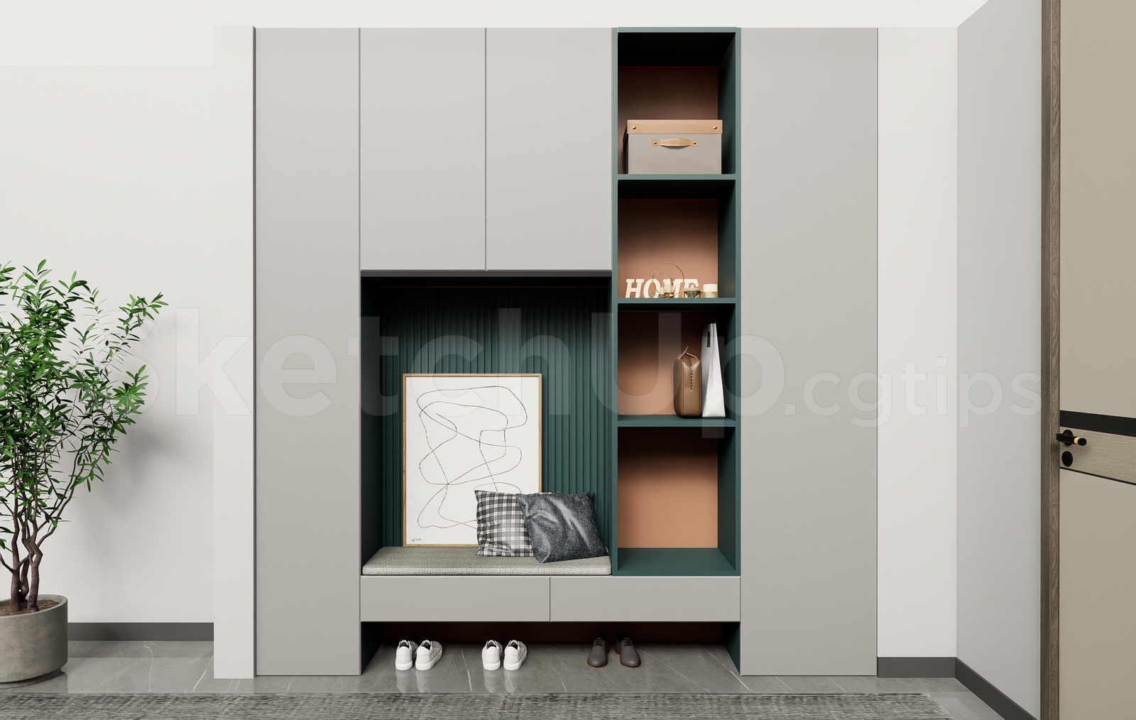 21399. Modern Entryway Shoe Cabinet With Seating Bench Sketchup Model Free Download (1)