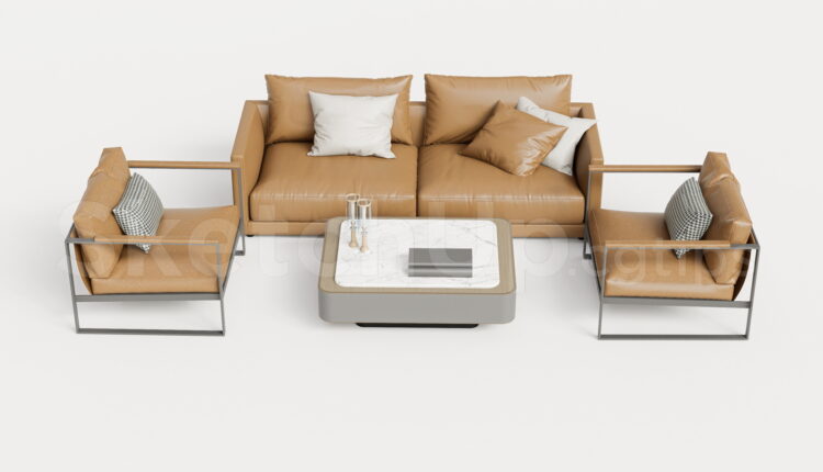 21406. Modern Leather Sofa And Armchair Set With Coffee Table – Sketchup 3d Model Download (1)