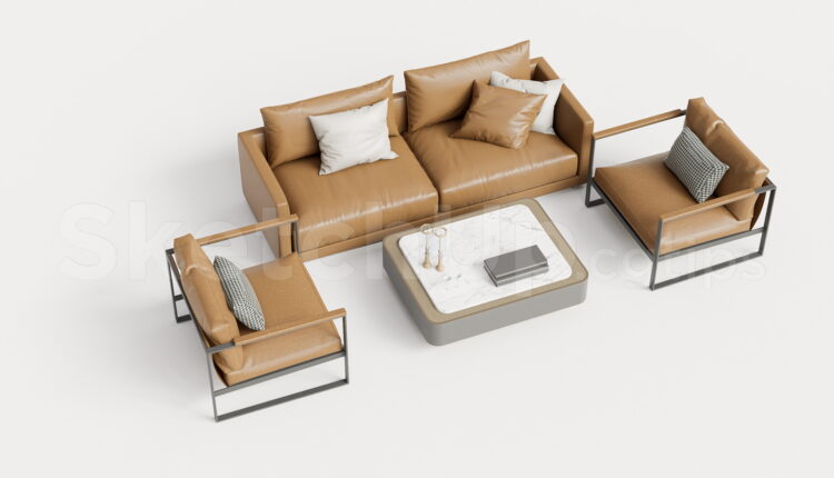 21406. Modern Leather Sofa And Armchair Set With Coffee Table – Sketchup 3d Model Download (2)