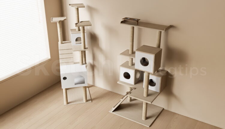 21409. Modern Wooden Cat Tree And Scratching Post Tower Sketchup Model Download (2)