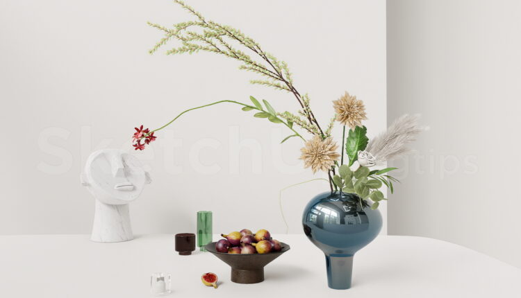 21420. Modern Floral Arrangement And Glass Vase Set Sketchup 3d Model Download (1)