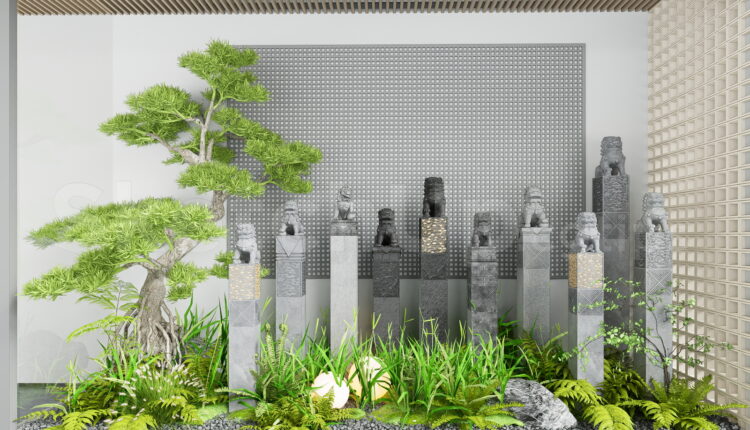 21424. Japanese Style Indoor Garden Decor With Stone Lion Pillars Sketchup Model Download (1)