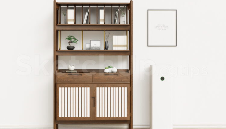 21427. Zen Style Solid Wood Display Cabinet With Books And Decor Sketchup Model Download (1)